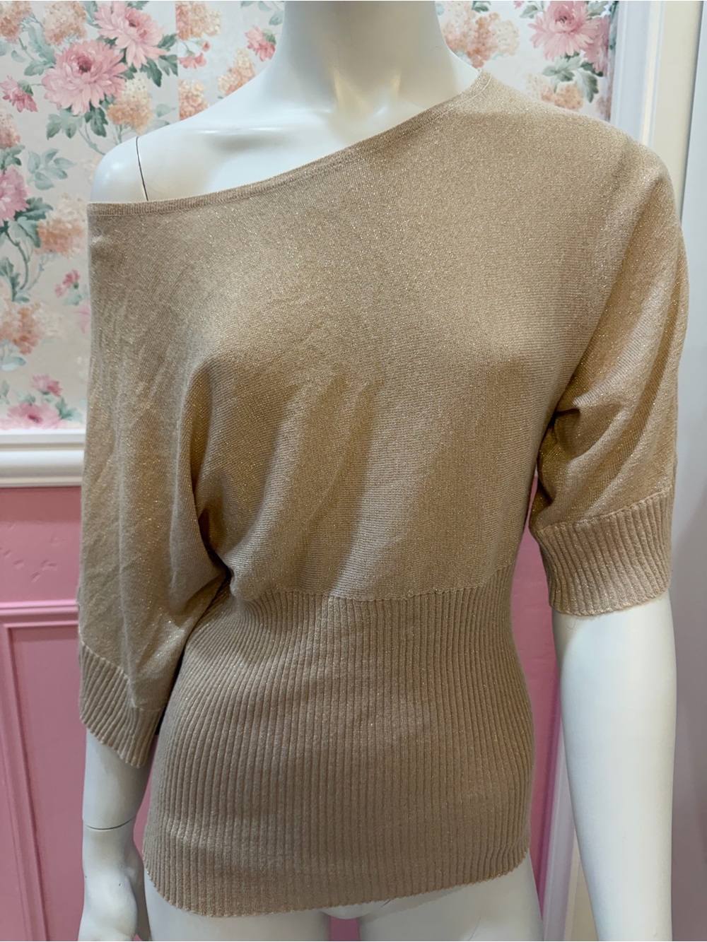Y2K Women's Shimmery Tan Off-Shoulder Sweater